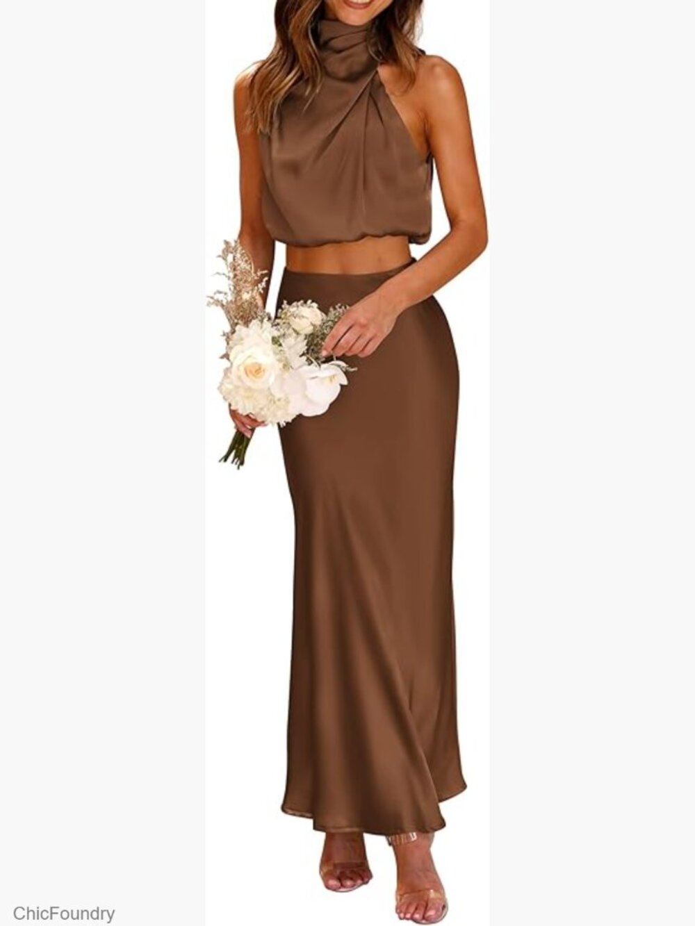 Women's Satin 2 Piece Outfit Mock Neck Crop Top & Maxi Skirt Set
